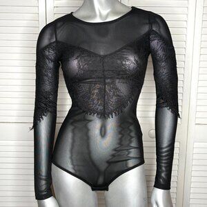 Vintage H&M Premium Sheer Mesh Lace Long Sleeve Lingerie Bodysuit Black XS